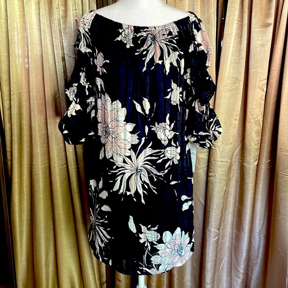 navy blue flower puff sleeve dress - Picture 1 of 6